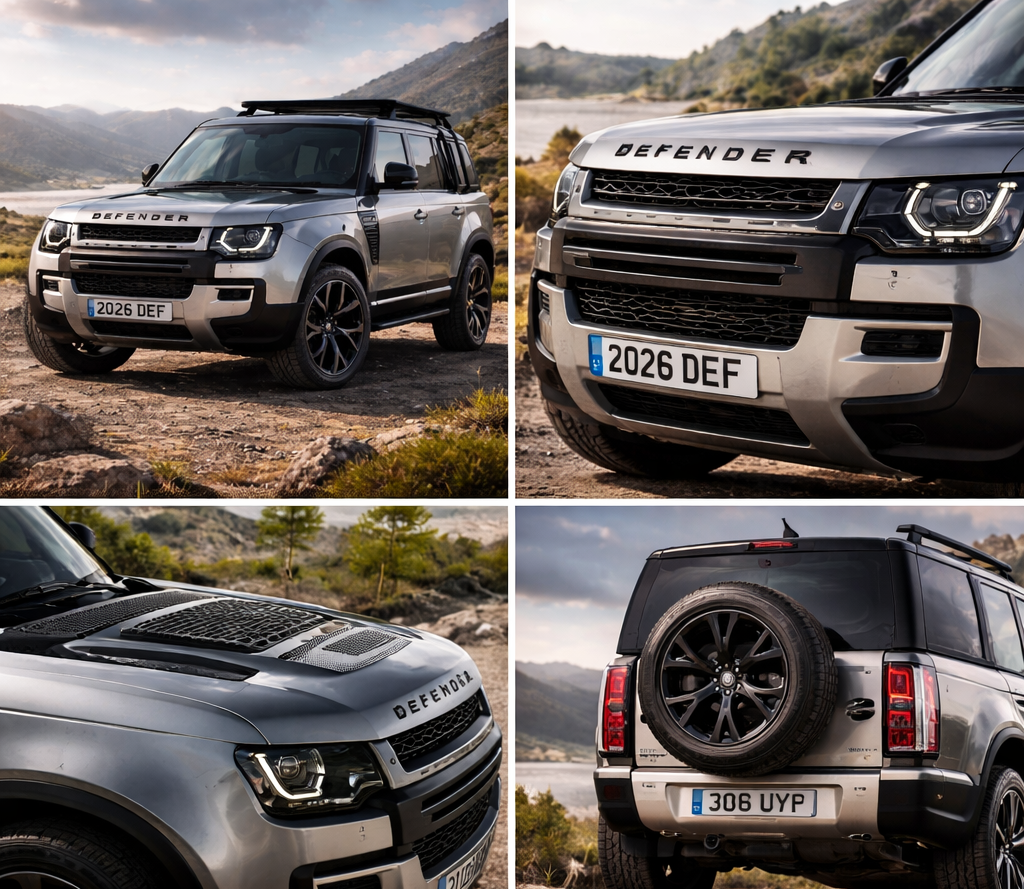 2026 Land Rover Defender का बोल्ड और रग्ड एक्सटीरियर डिज़ाइन, ऑफ-रोड लोकेशन पर खड़ी SUV, बॉक्सी बॉडी शेप, LED हेडलाइट्स, ब्लैक अलॉय व्हील्स और सिग्नेचर DEFENDER बैजिंग के साथ।