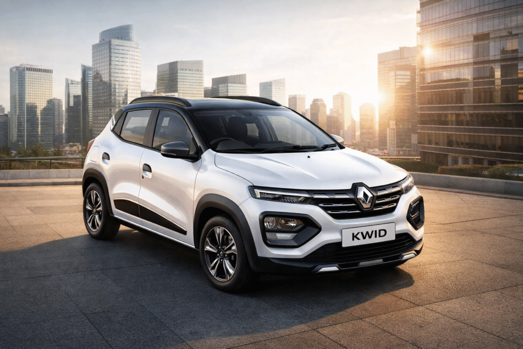 “White Renault KWID compact hatchback car parked in a modern city background during golden hour, front angle view”