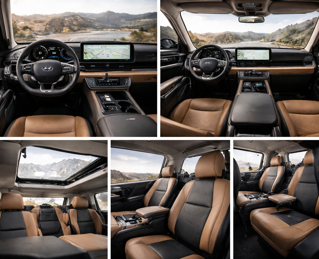 2026 Land Rover Defender का प्रीमियम इंटीरियर और कम्फर्ट फीचर्स, ब्राउन-ब्लैक लेदर सीट्स, बड़ा टचस्क्रीन इंफोटेनमेंट सिस्टम, मल्टी-फंक्शन स्टीयरिंग व्हील, सनरूफ और स्पेशियस केबिन के साथ।