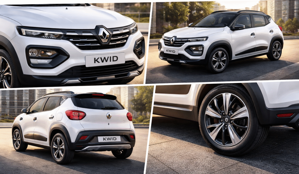 “Renault KWID का डिज़ाइन और बाहरी लुक, फ्रंट ग्रिल, साइड प्रोफाइल, रियर व्यू और alloy wheels को दिखाता हुआ modern hatchback car image”