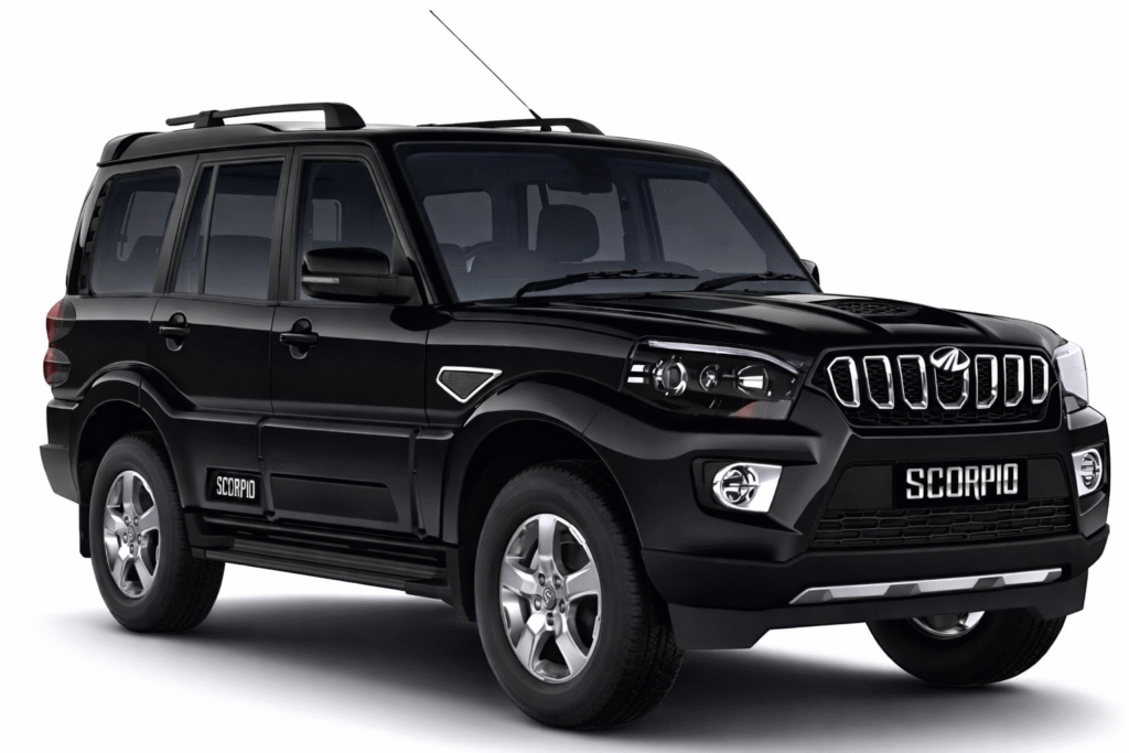 Mahindra Scorpio N black SUV HD image, front side view with bold grille and rugged design