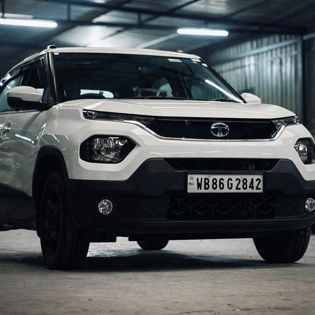 Tata Punch white color compact SUV parked indoors with bold front design and black grille