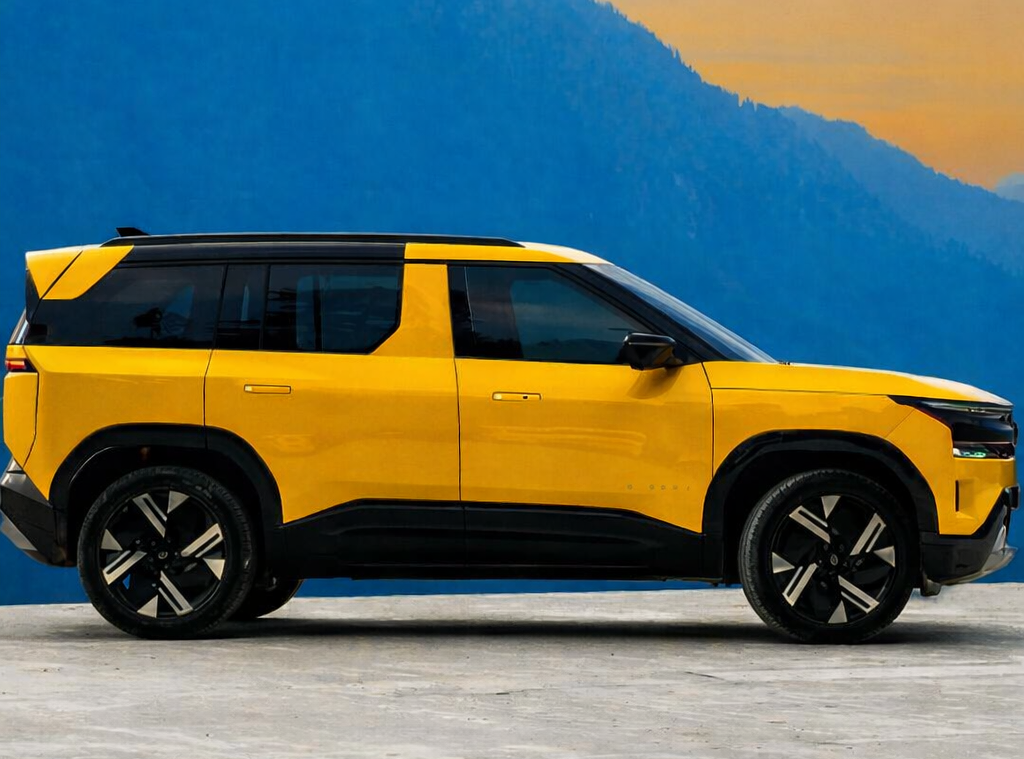 पीले रंग की Tata Sierra SUV का साइड प्रोफाइल, आधुनिक डिजाइन, अलॉय व्हील्स और मजबूत रोड प्रेजेंस के साथ