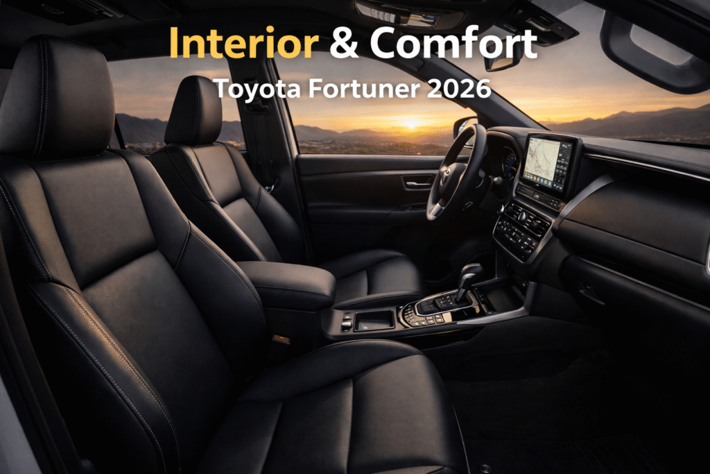 Toyota Fortuner 2026 का प्रीमियम इंटीरियर, आरामदायक लेदर सीटें और आधुनिक डैशबोर्ड