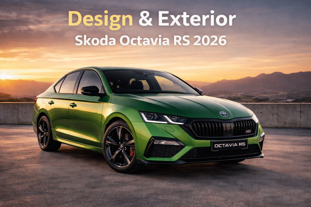 Skoda Octavia RS 2026 का स्पोर्टी एक्सटीरियर डिज़ाइन, ग्रीन कलर और एग्रेसिव फ्रंट लुक
