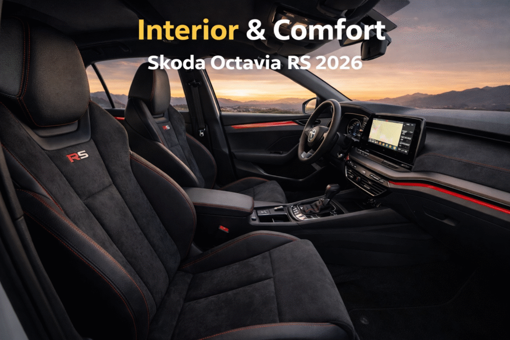 Skoda Octavia RS 2026 का प्रीमियम स्पोर्टी इंटीरियर, कम्फर्टेबल सीटें और आधुनिक डैशबोर्ड