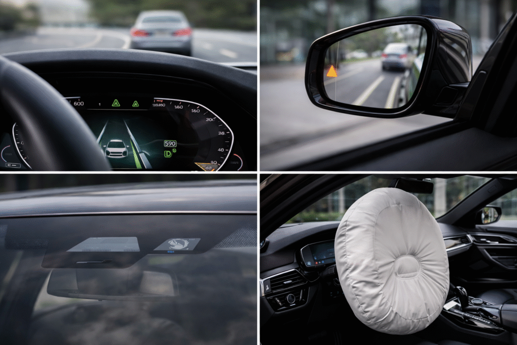 BMW 5 Series के एडवांस सेफ्टी फीचर्स, जैसे लेन असिस्ट, ब्लाइंड स्पॉट वार्निंग और एयरबैग सिस्टम – AI-generated image”