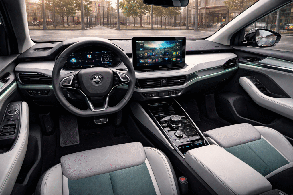 "2026 Skoda Elroq electric SUV का इंटीरियर, जिसमें डुअल-टोन डिजाइन, 13 इंच का फ्लोटिंग टचस्क्रीन, डिजिटल इंस्ट्रूमेंट क्लस्टर, स्पोर्टी स्टीयरिंग व्हील और एम्बियंट लाइटिंग दिखाई दे रही है।"