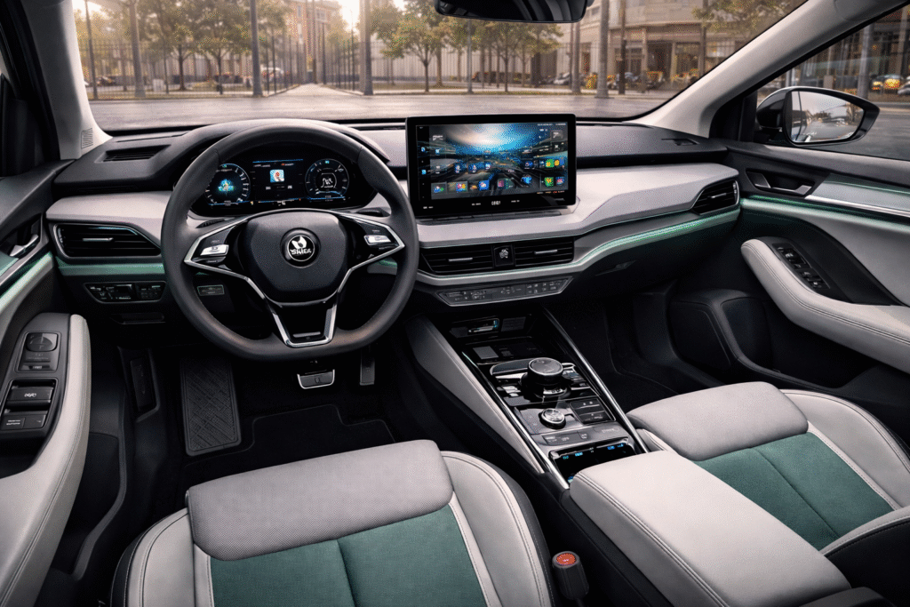 "2026 Skoda Elroq इलेक्ट्रिक SUV का लक्ज़री इंटीरियर, जिसमें डुअल-टोन लेदर सीट्स, स्पेसियस केबिन, एम्बियंट लाइटिंग, बड़ा टचस्क्रीन इंफोटेनमेंट सिस्टम, रियर AC वेंट्स और फोल्डेबल रियर सीट्स दिखाई दे रही हैं।"