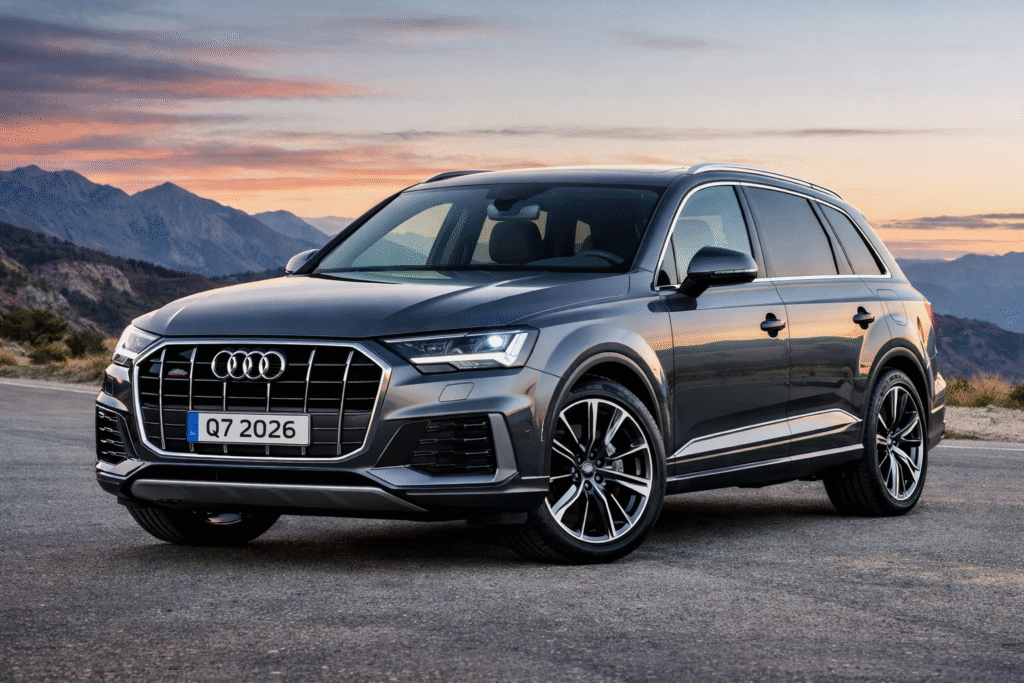 Audi Q7 2026 luxury SUV front view with signature Singleframe grille, adaptive LED headlights, aerodynamic body, and 22-inch alloy wheels on an Indian road