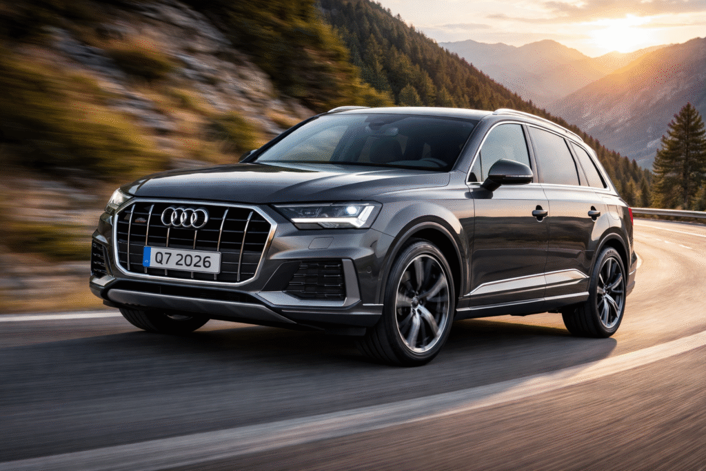 Audi Q7 2026 luxury SUV driving on an Indian highway, showcasing powerful V6 engine performance, Quattro AWD system, smooth handling and sporty stance