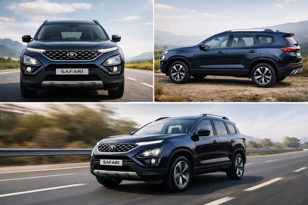 Tata Safari 2026 SUV का एक्सटीरियर डिजाइन और रोड प्रेजेंस, बोल्ड फ्रंट ग्रिल, LED हेडलैम्प, बड़े अलॉय व्हील्स और मस्कुलर लुक के साथ सड़क पर