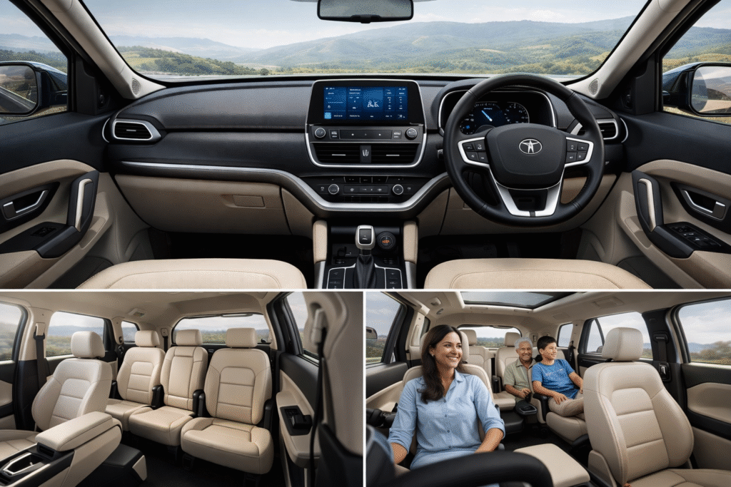 Tata Safari 2026 SUV का इंटीरियर और कम्फर्ट, प्रीमियम डैशबोर्ड, बड़ा टचस्क्रीन, डिजिटल इंस्ट्रूमेंट क्लस्टर, चौड़ी और आरामदायक सीटें, 6-सीटर या 7-सीटर केबिन में फैमिली के लिए स्पेसियस लुक