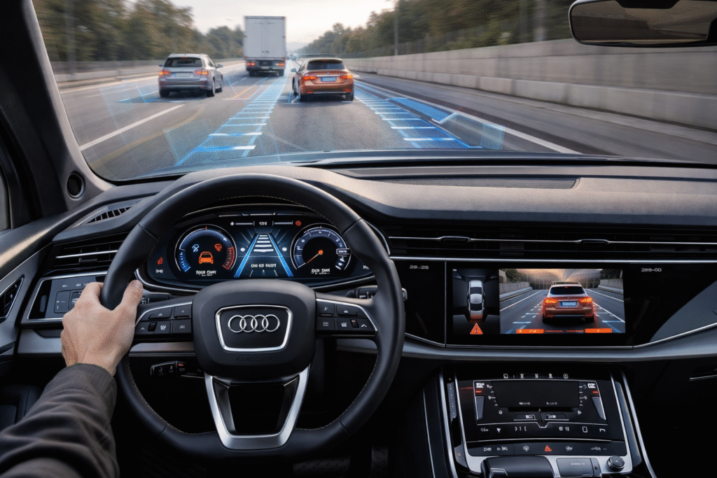 Audi Q7 2026 interior showing safety features including 360-degree camera, parking sensors, multiple airbags, lane departure warning, and adaptive cruise control
