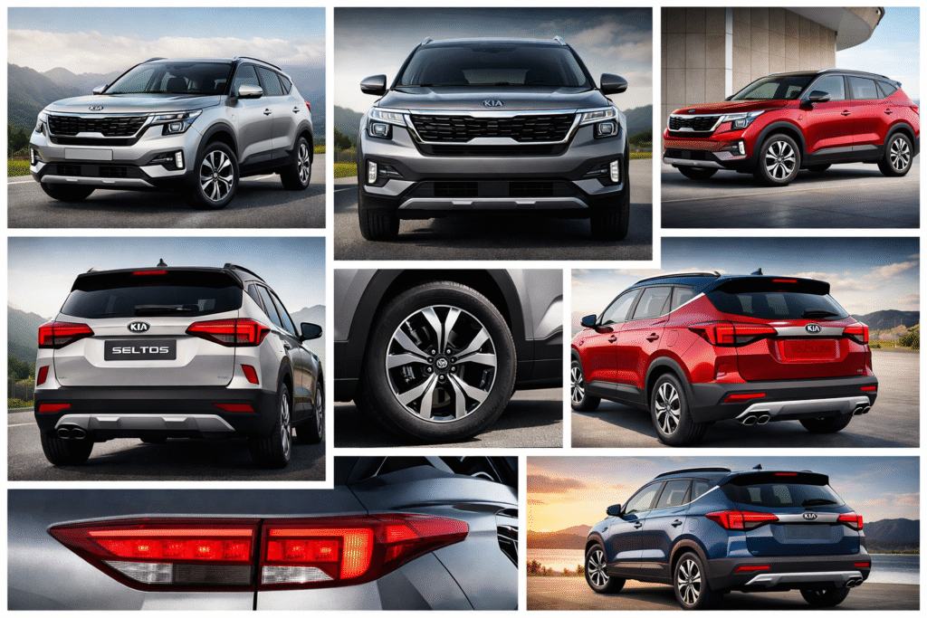 Kia Seltos ऑरेंज कलर में, स्टाइलिश कॉम्पैक्ट SUV, मॉडर्न डिजाइन और LED हेडलाइट्स के साथ