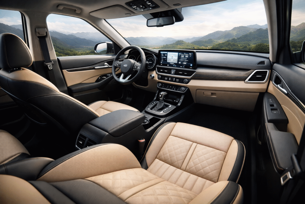 White Kia Seltos SUV parked on a rooftop parking area with a modern city skyline in the background, shown from rear three-quarter angle.