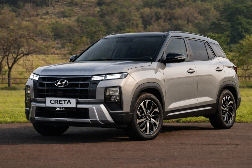 “Hyundai Creta 2026 SUV ka bold design aur exterior, dual-tone color, naya black grille, LED DRLs aur alloy wheels ke saath open road par parked”