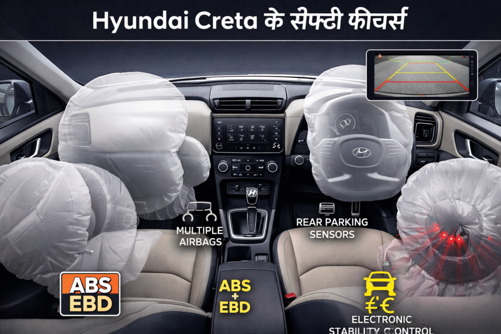 “Hyundai Creta 2026 interior showing advanced safety features including multiple airbags, ABS + EBD, electronic stability control, and rear parking sensors with camera, family-friendly SUV”