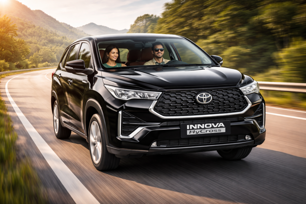 Toyota Innova Hycross black MPV driving on scenic highway with couple inside, front three-quarter motion shot