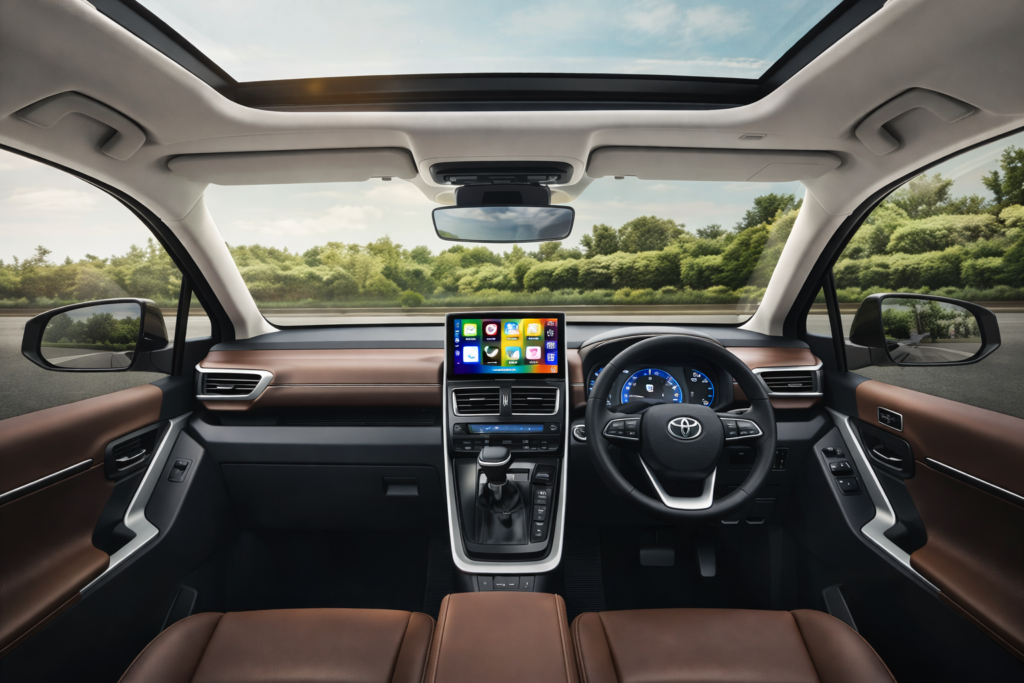 Toyota Innova Hycross premium interior with panoramic sunroof, touchscreen infotainment system and brown leather seats
