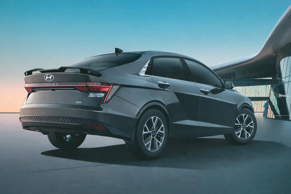 Hyundai Verna sedan ka rear three-quarter view, grey color mein modern glass building ke saamne parked, stylish LED tail lights aur sporty alloy wheels ke saath.