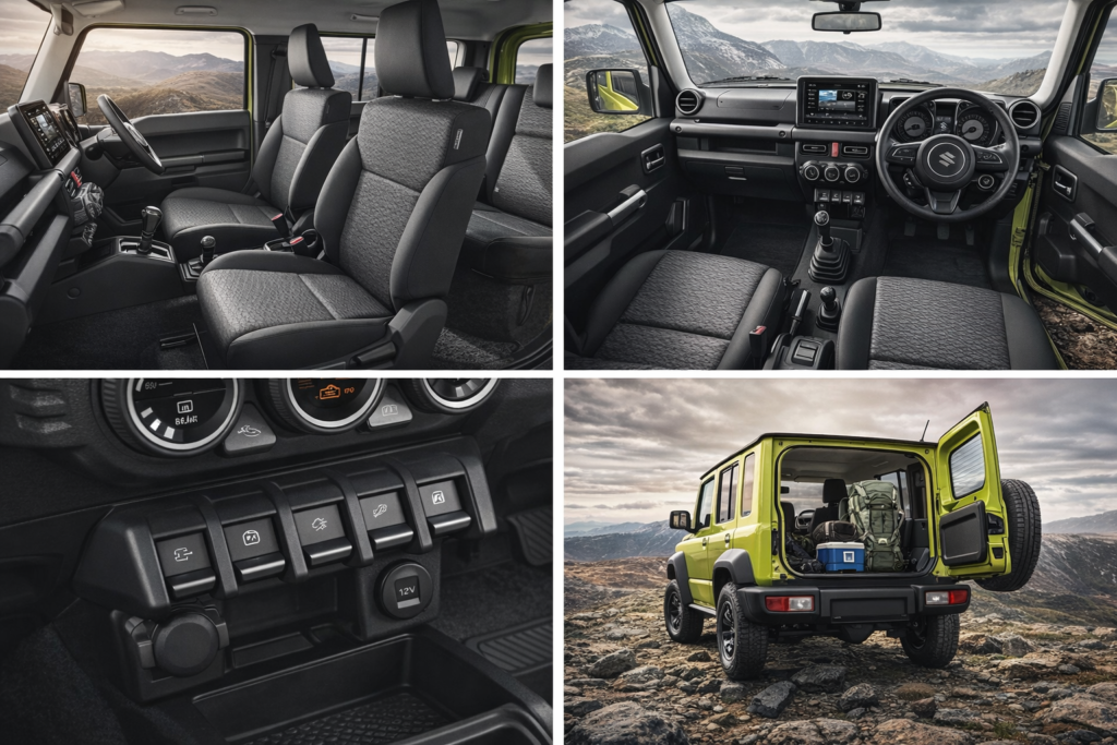 Interior and rear exterior view of Maruti Suzuki Jimny showing rugged cabin design, manual gearbox, touchscreen infotainment system, control switches, and open boot with luggage in an off-road mountain setting.