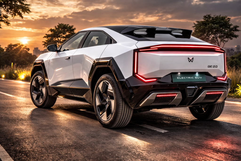 Mahindra BE 6 electric SUV rear three-quarter view in white color with sharp LED tail lights, futuristic design, and sporty alloy wheels parked on a road at sunset.