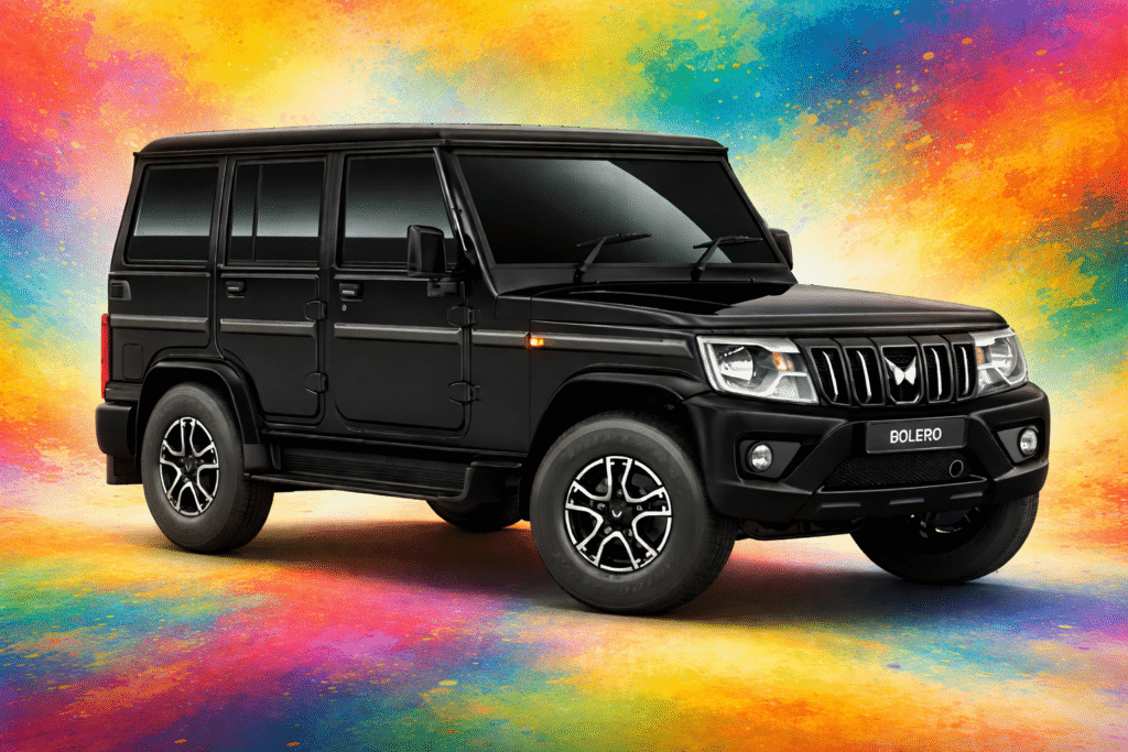 “रंग-बिरंगे कलरफुल बैकग्राउंड के साथ काली Mahindra Bolero SUV, मजबूत और रग्ड डिज़ाइन को दिखाती हुई”