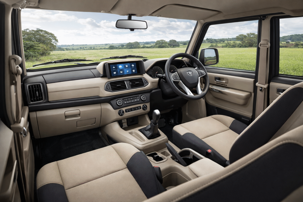 “Mahindra Bolero 2026 का इंटीरियर, ड्यूल-टोन डैशबोर्ड, टचस्क्रीन इंफोटेनमेंट और आरामदायक फैब्रिक सीट्स के साथ”