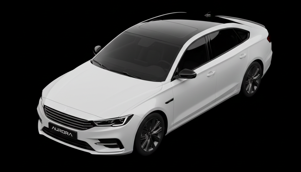 "Black background par upar se dikhti hui ek chamakdar safed sedan car, jisme sunroof aur kale alloy wheels hain."