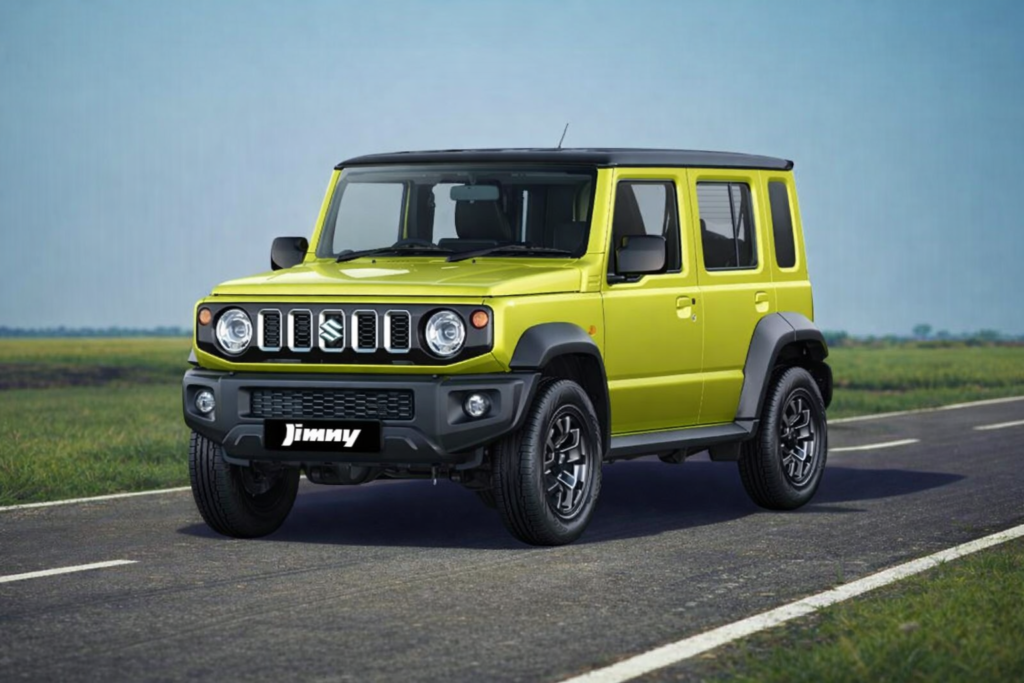 “Rural road par khadi bright green Maruti Jimny compact SUV, front three-quarter angle view ke saath, aas-paas hari kheti aur clear blue sky.”