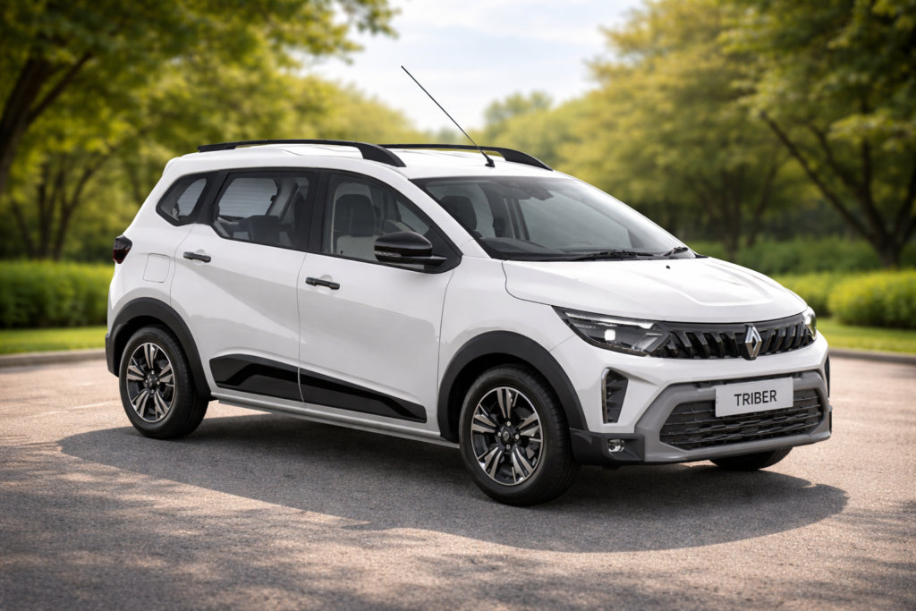 “White Renault Triber parked on a road with trees in the background.”