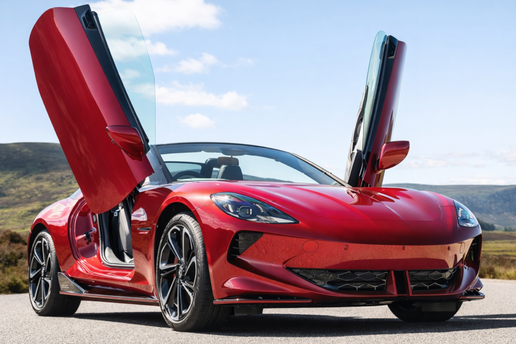 Red MG Cyberster electric sports car with scissor doors open, parked on a road with hills in the background under a clear blue sky.