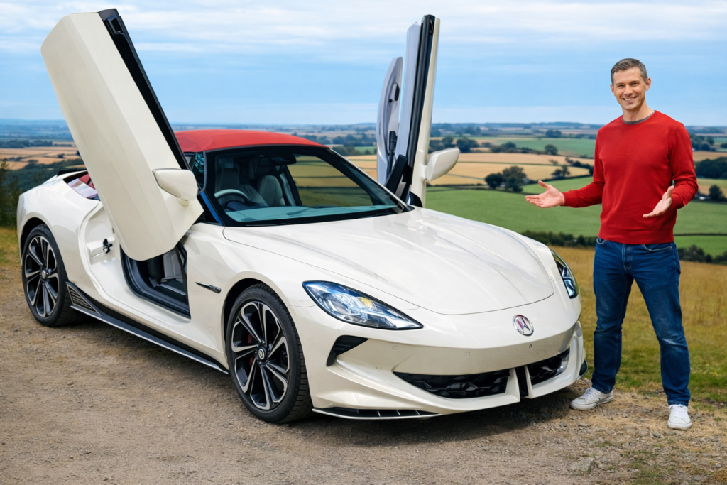 White convertible sports car with scissor doors open, parked on a countryside road, with a man in a red sweater standing beside it and gesturing toward the car.
