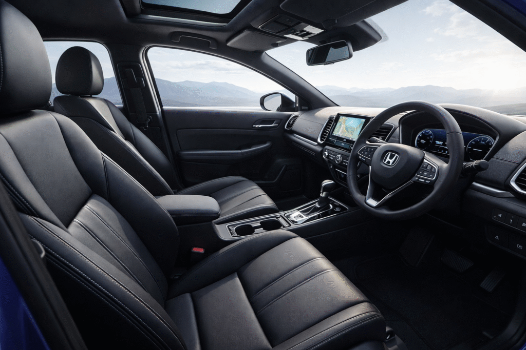 प्रीमियम सेडान कार का इंटीरियर, जिसमें काले लेदर सीट्स, मल्टी-फंक्शन स्टीयरिंग व्हील, डिजिटल इंस्ट्रूमेंट क्लस्टर, टचस्क्रीन इंफोटेनमेंट सिस्टम और आरामदायक फ्रंट केबिन दिखाई दे रहा है।