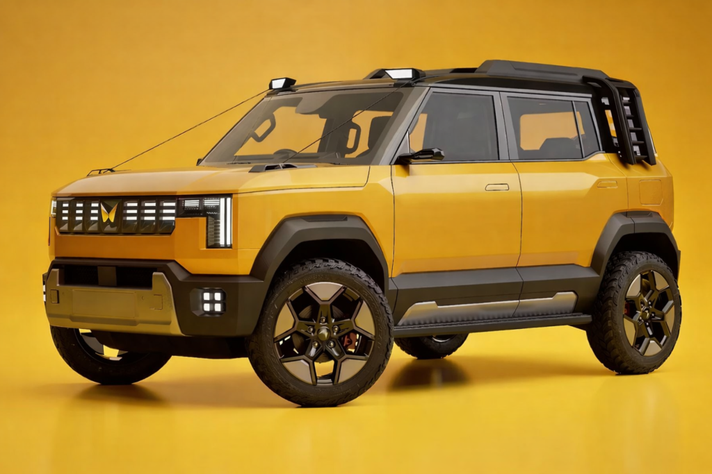“Yellow off-road SUV concept with boxy design, black roof and cladding, LED headlights, rugged tyres and high ground clearance, Mahindra Vision S concept.”