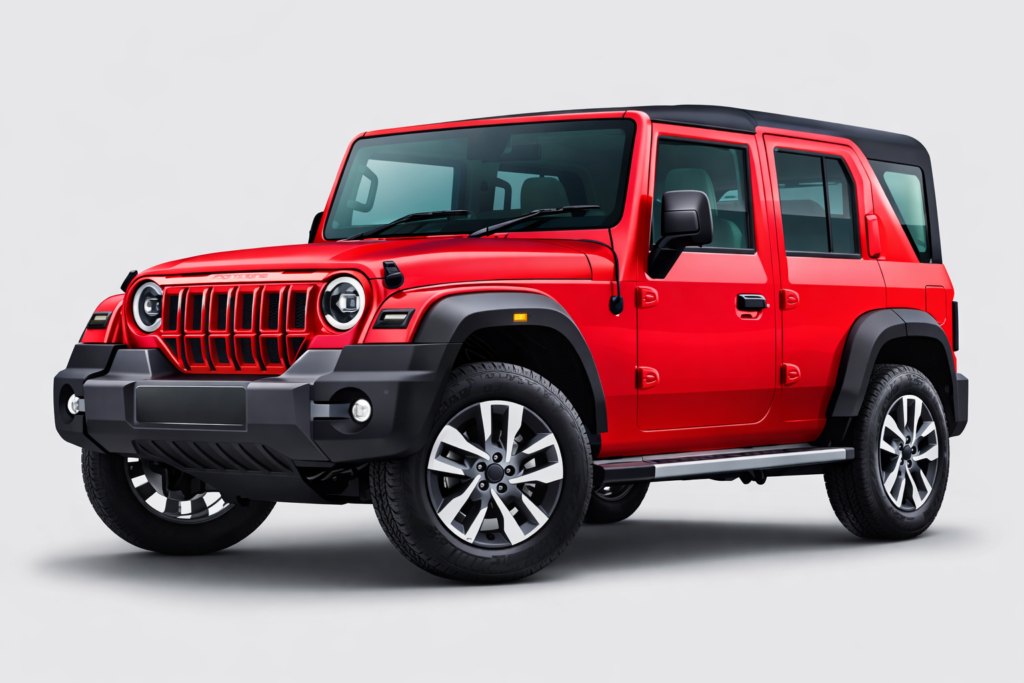 “Red color ki Mahindra Thar ROXX SUV, black hardtop ke saath, front three-quarter angle se dikhai gayi, bold grille, round LED headlights aur alloy wheels ke saath.”