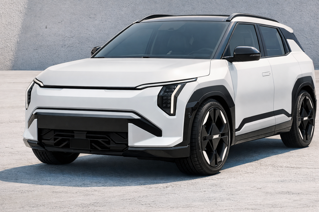 “Kia EV3 white electric SUV front view with futuristic LED headlights and modern design”