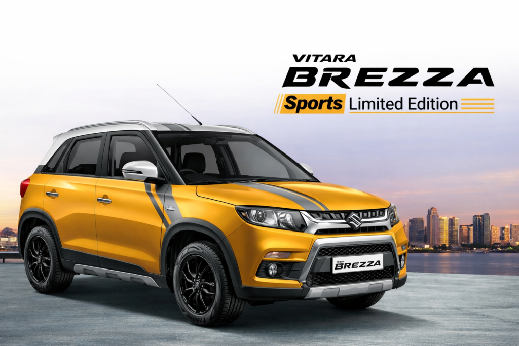 Yellow Maruti Brezza Sports Limited Edition SUV parked with a modern city skyline in the background, showing its bold design, black alloy wheels, and sporty styling.