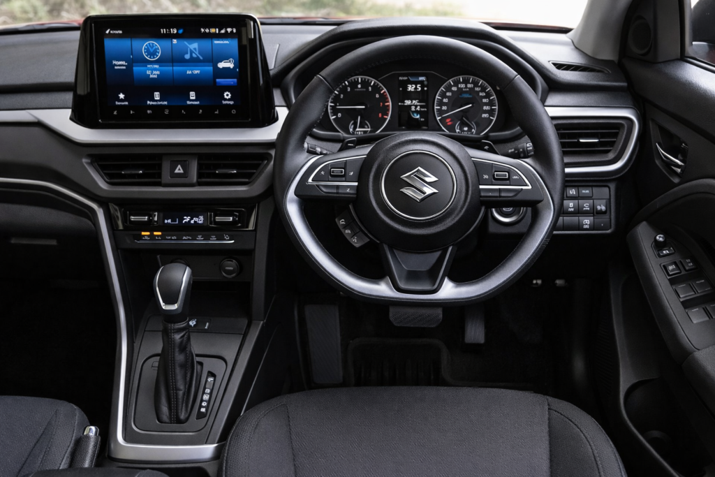 Interior dashboard view of Maruti Brezza showing steering wheel with Suzuki logo, touchscreen infotainment system, instrument cluster, and automatic gear shifter.