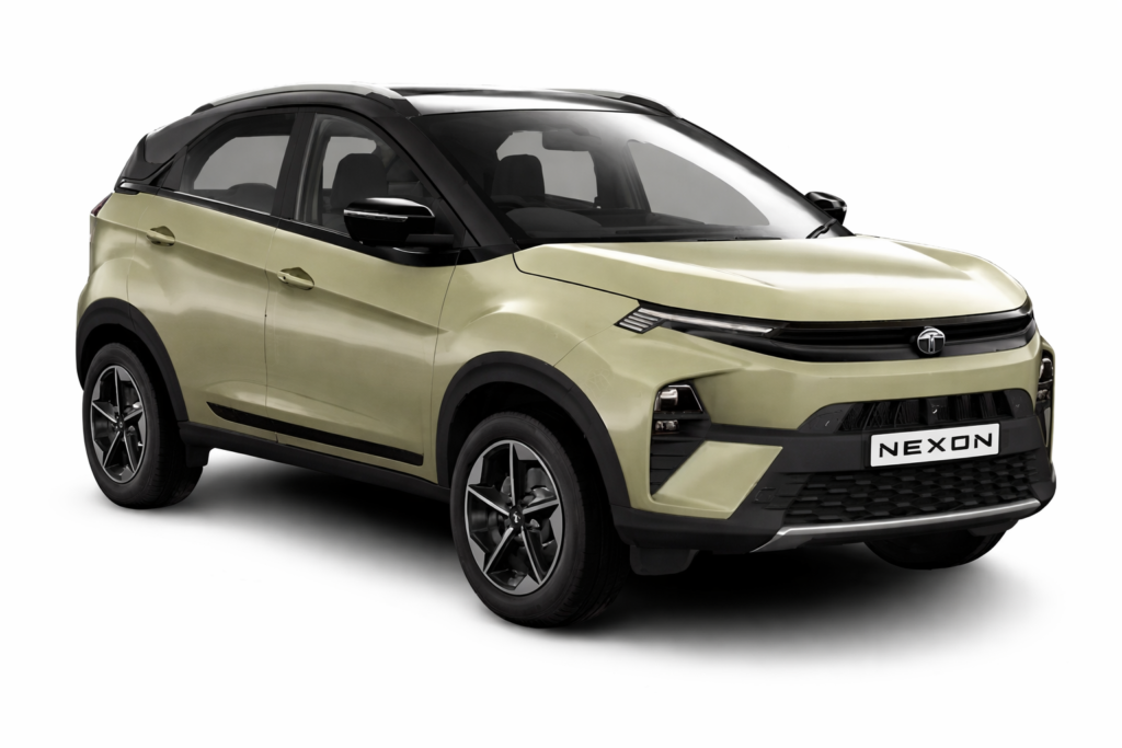 “Champagne gold Tata Nexon compact SUV with black roof, front side view on white background.”
